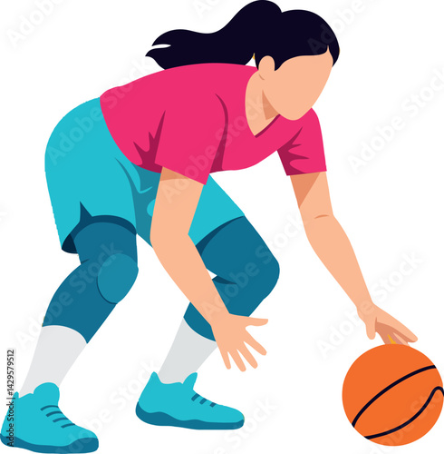 Woman playing basketball dribbling ball in sports action illustration vector 