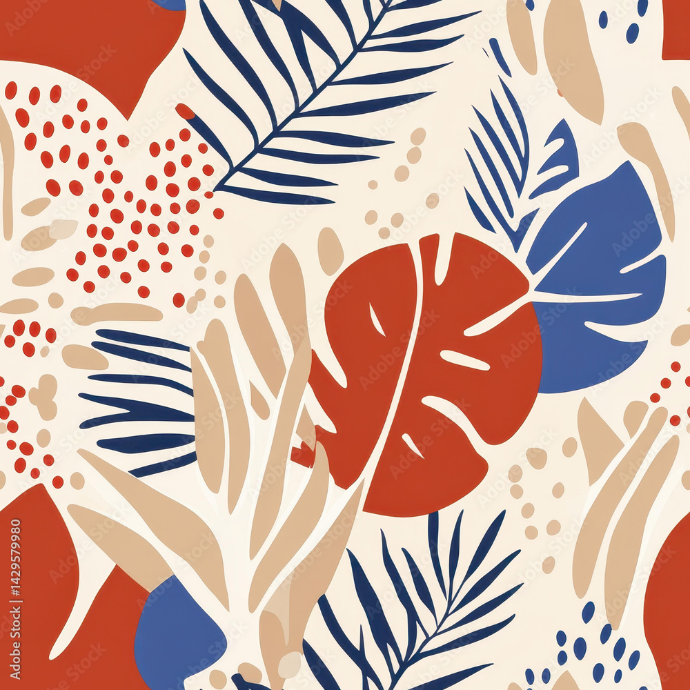 Naklejka premium Discover a modern botanical pattern featuring handdrawn leaves and silhouettes for a chic textile design.