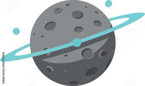 Gray cratered planet with cyan ring and orbiting moons vector illustration digital art 