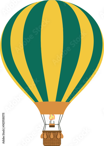 Hot air balloon with green and yellow stripes flying in clear sky vector illustration 