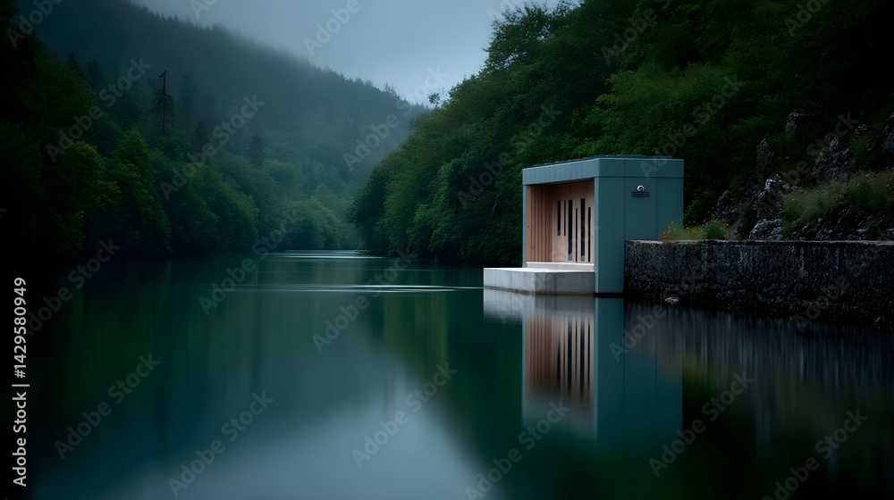 Fototapeta premium Serene lakeside with a small hydro turbine and minimalist wooden structures