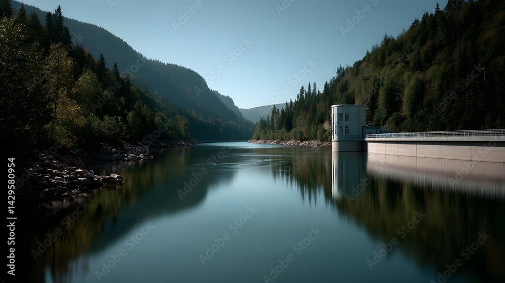 Serene hydroelectric dam surrounded by untouched nature