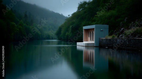 Serene lakeside with a small hydro turbine and minimalist wooden structures