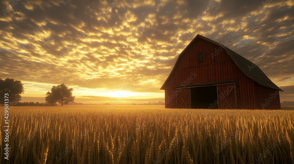 Obraz premium Golden sunrise illuminates a rustic red barn nestled in a golden wheat field.