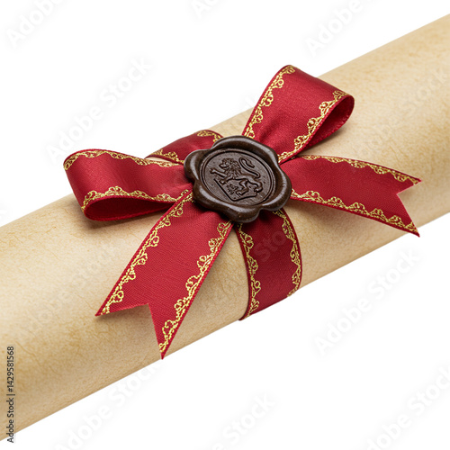 royal scroll with ribbon and old wax seal isolated