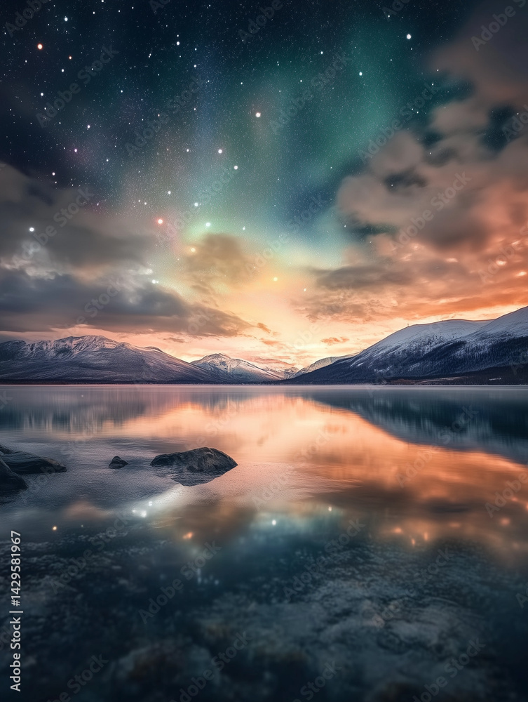 Aurora borealis reflecting on calm lake at twilight with milky way and stars Aurora borealis reflecting on calm lake at twilight with milky way and stars