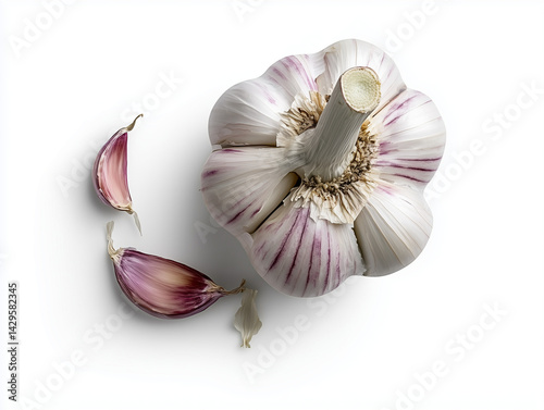 Fresh garlic bulb with cloves on white background