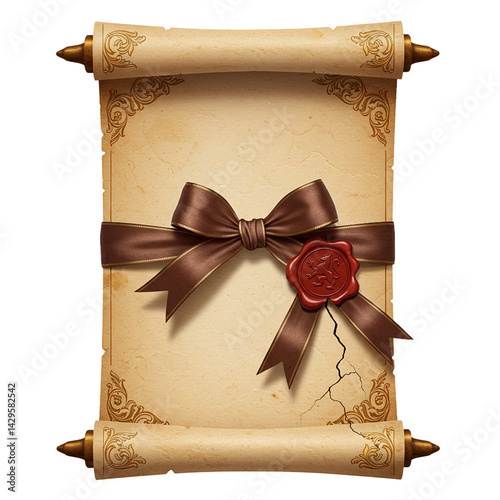 royal scroll with ribbon and old wax seal isolated
