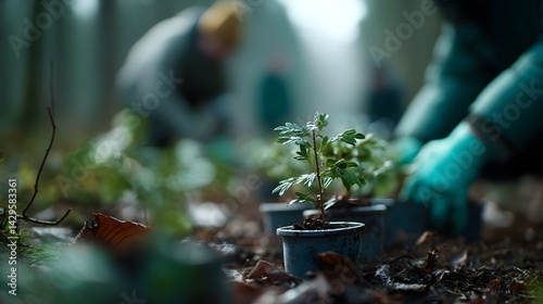 Obraz na płótnie Activists planting trees in a preserved park using solar-powered equipment w salonie
