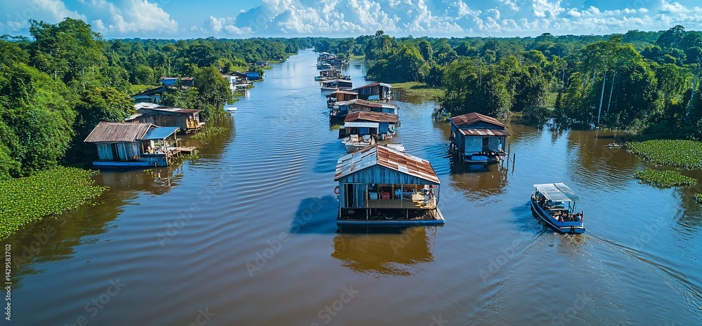 Naklejka premium Floating houses lining Amazon River in Peru providing home to inhabitants