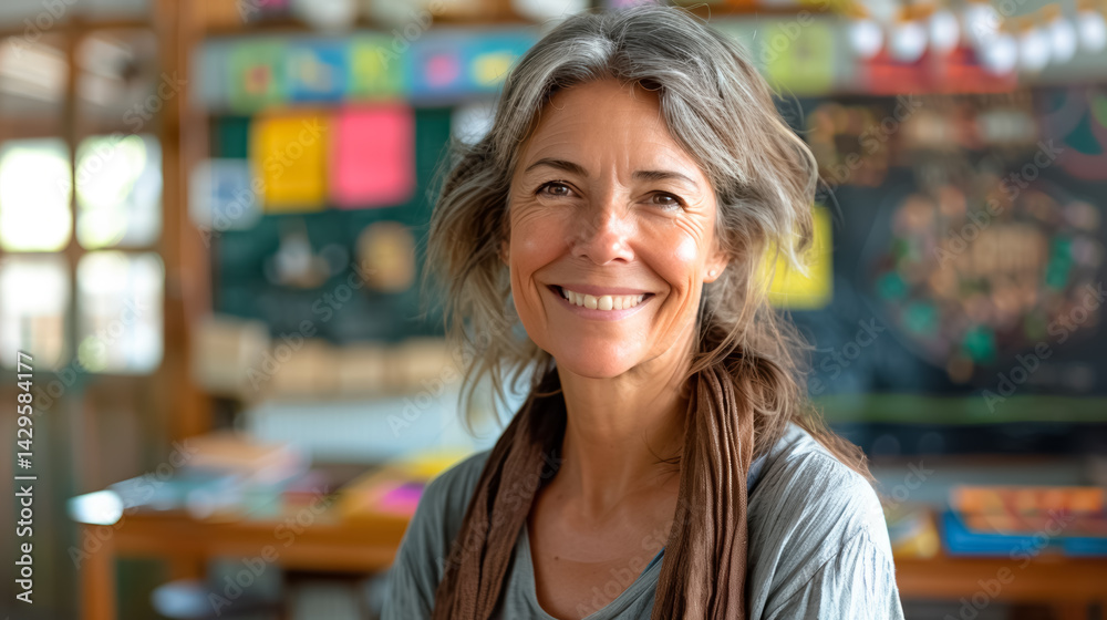 Teacher smiling in front of her classroom