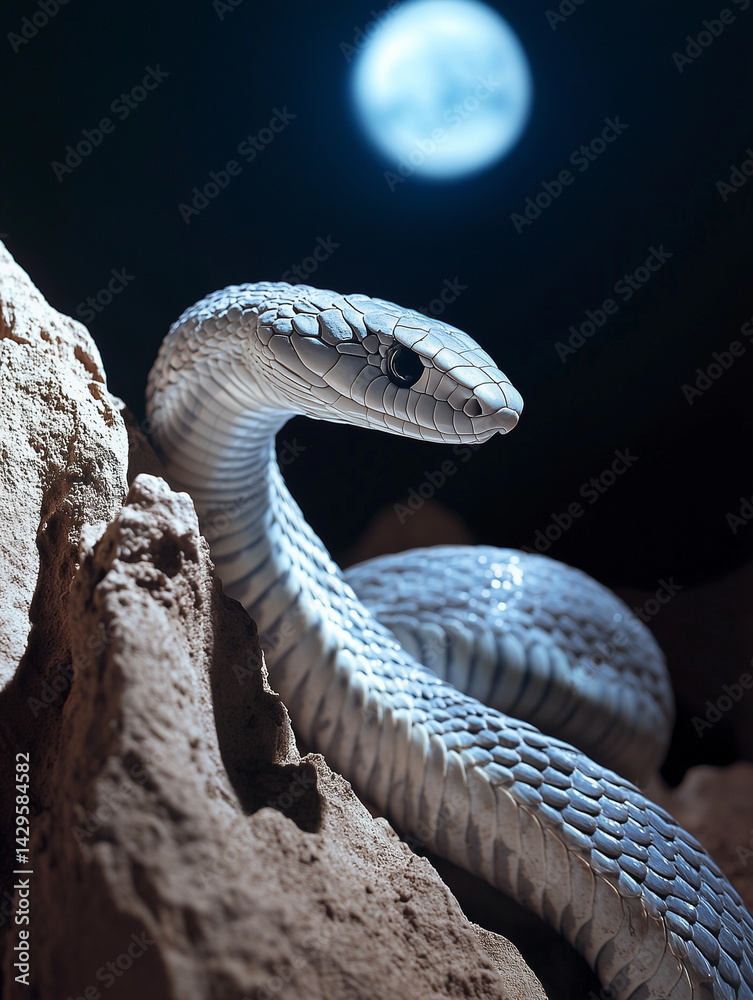 Fototapeta premium Gray snake emerging from rock illuminated by full moon
