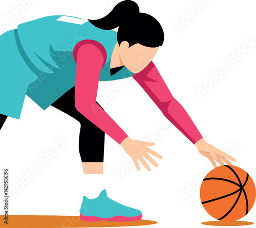 Female basketball player dribbling ball in active sports pose vector illustration 