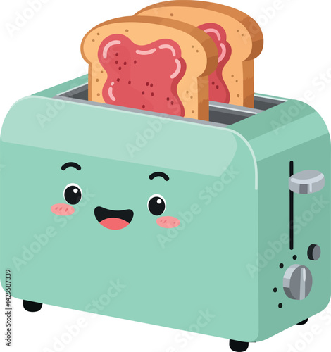 Cute mint green toaster with two slices of jam toast vector illustration 