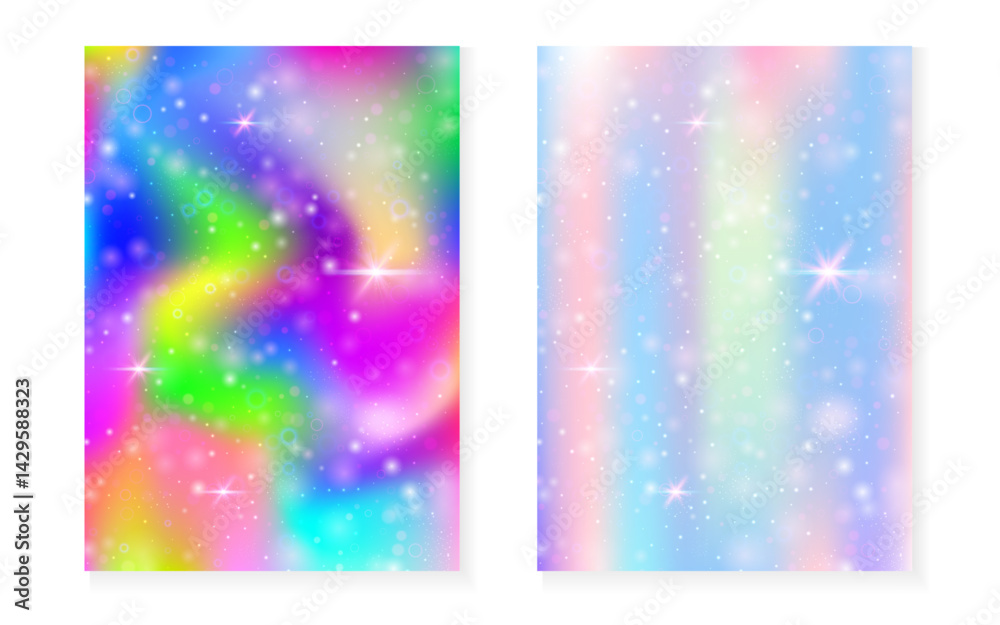 Princess background with kawaii rainbow gradient. Magic unicorn hologram.