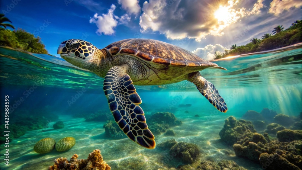 Obraz premium Majestic Sea Turtle Gracefully Navigating Vibrant Coral Reef Under a Sun-Drenched Sky
