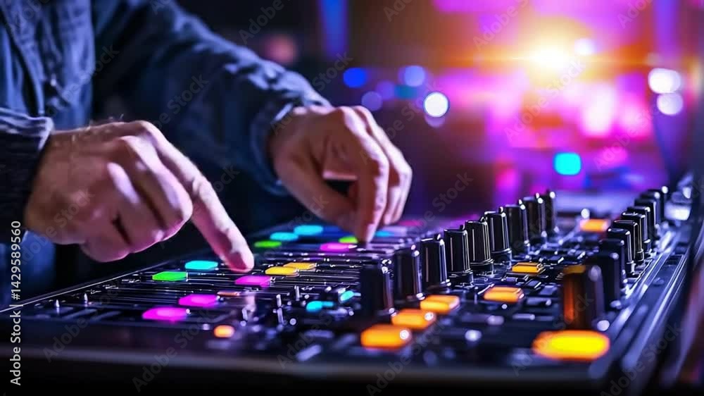 DJ at work, mixing music on a professional mixing console at a concert DJ at work, mixing music on a professional mixing console at a concert