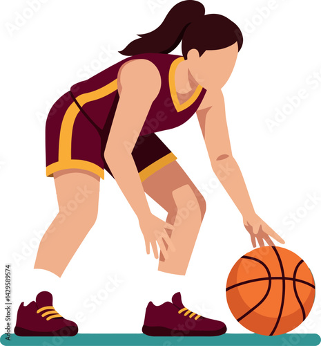 Female basketball player dribbling ball in maroon uniform vector illustration 