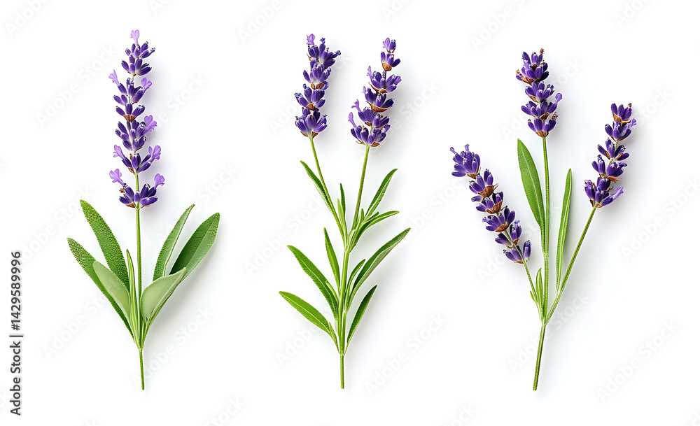 Naklejka premium Lavender flowers and leaves isolated on a white background.