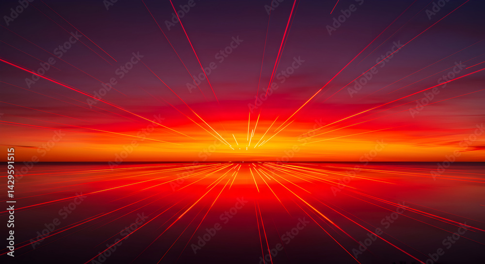Fototapeta premium Radiant Horizon: Abstract Lines Converging at Sunset Over Water Surface