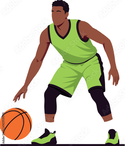 Basketball player dribbling ball in green sportswear vector illustration active game scene 