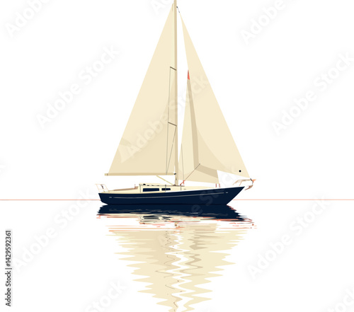 Sailing yacht with beige sails and dark hull reflecting on calm water vector illustration