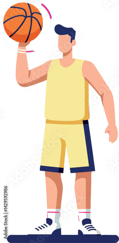 Basketball player spinning ball on finger in yellow sportswear vector illustration 