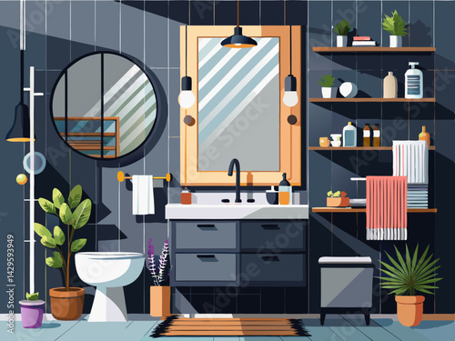 vector of Real estate photography of a modern bathroom with a vanity shower, a wall-mounted vanity and designer accessories in matte black, fashionable,...