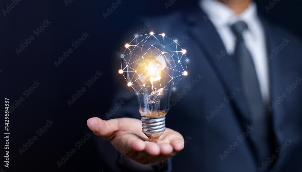 A man in a suit holding a light bulb shaped like a network in his hand against a dark background A man in a suit holding a light bulb shaped like a network in his hand against a dark background