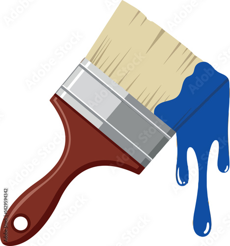Paintbrush with blue paint dripping from bristles vector illustration tool for painting and decorating 