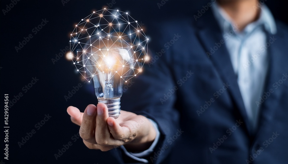 A man in a suit holding a light bulb shaped like a network in his hand against a dark background A man in a suit holding a light bulb shaped like a network in his hand against a dark background