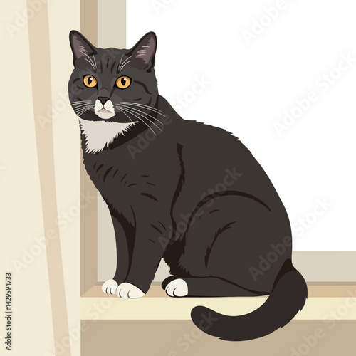 Black and white cat with yellow eyes sitting on window ledge vector illustration 