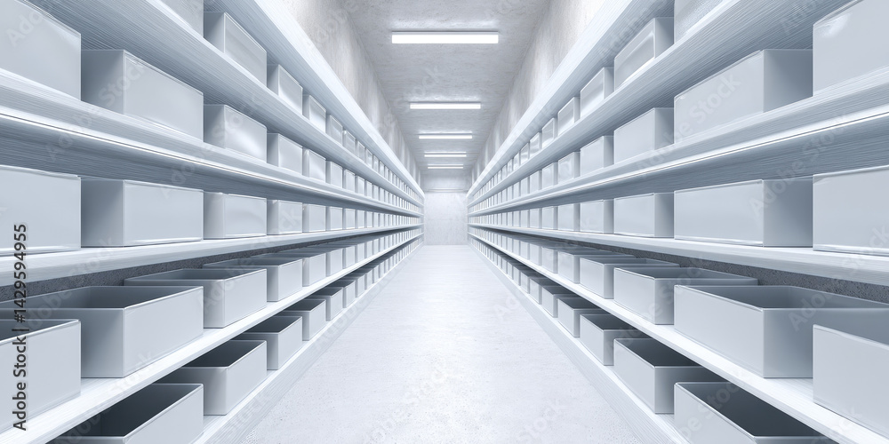 Fototapeta premium Symmetrical corridor with endless shelves holding numerous white boxes extending towards bright vanishing point, suggesting a modern storage facility or warehouse