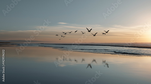 Flock of seagulls flying over calm ocean at sunrise