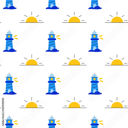 Seamless pattern with lighthouse and sun