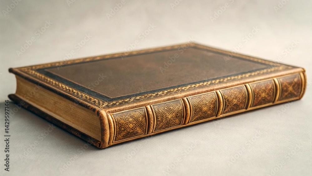 Obraz premium A close-up of an old, leather-bound hardback book lying flat, with visible spine details and textured cover, symbolizing history, knowledge, literature, education, vintage, antique, wisdom, and the va
