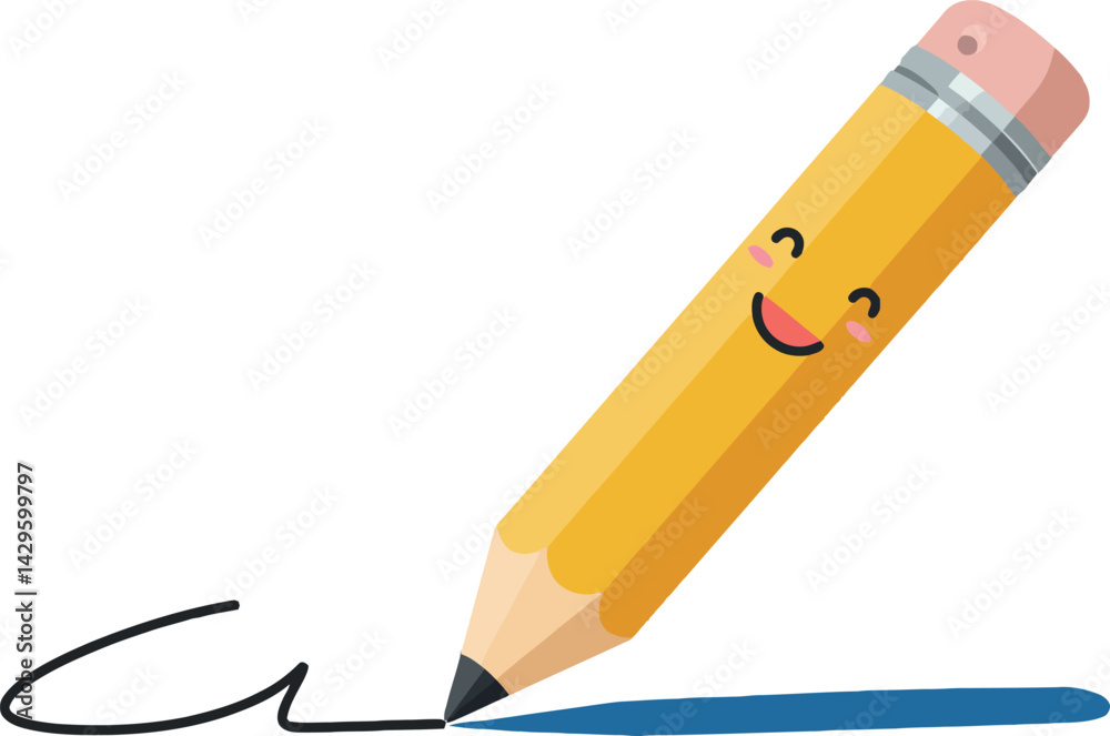 Happy yellow pencil drawing with eraser and blue shadow vector illustration 