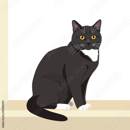Black and white cat sitting on beige ledge vector illustration with yellow eyes 