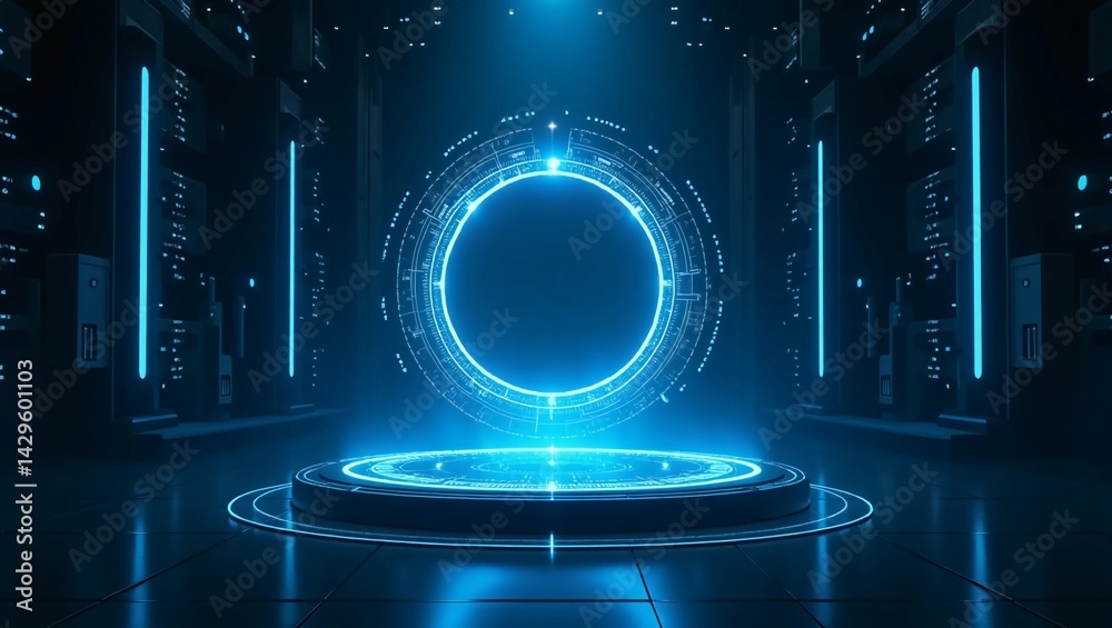 custom made wallpaper toronto digitalPortal and hologram science futuristic technology background. Sci-fi digital hi-tech stage in glowing HUD projector. Magic gate in game fantasy. Circle teleport podium. GUI, UI virtual reality