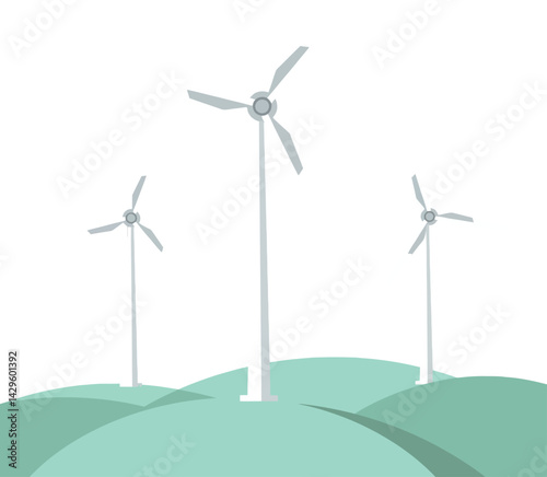Wind Turbines on Green Hills Renewable Energy Landscape Illustration Vector 