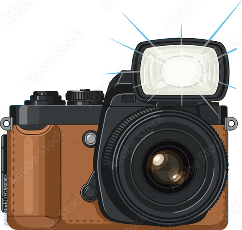Vintage style camera with flash vector illustration in brown and black colors 