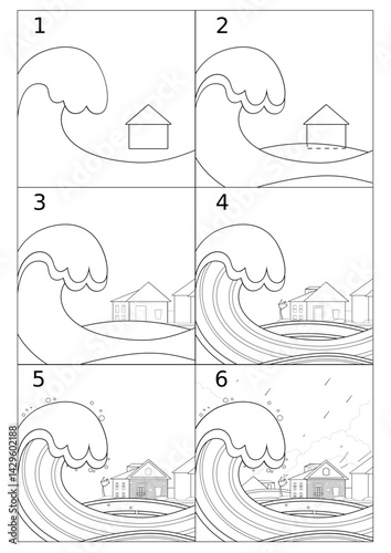 Step-by-step illustration, tutorial for beginners, DIY. How to draw a tsunami, line art, sketch. Drawing lessons, lesson for children, graphic design, coloring book.
