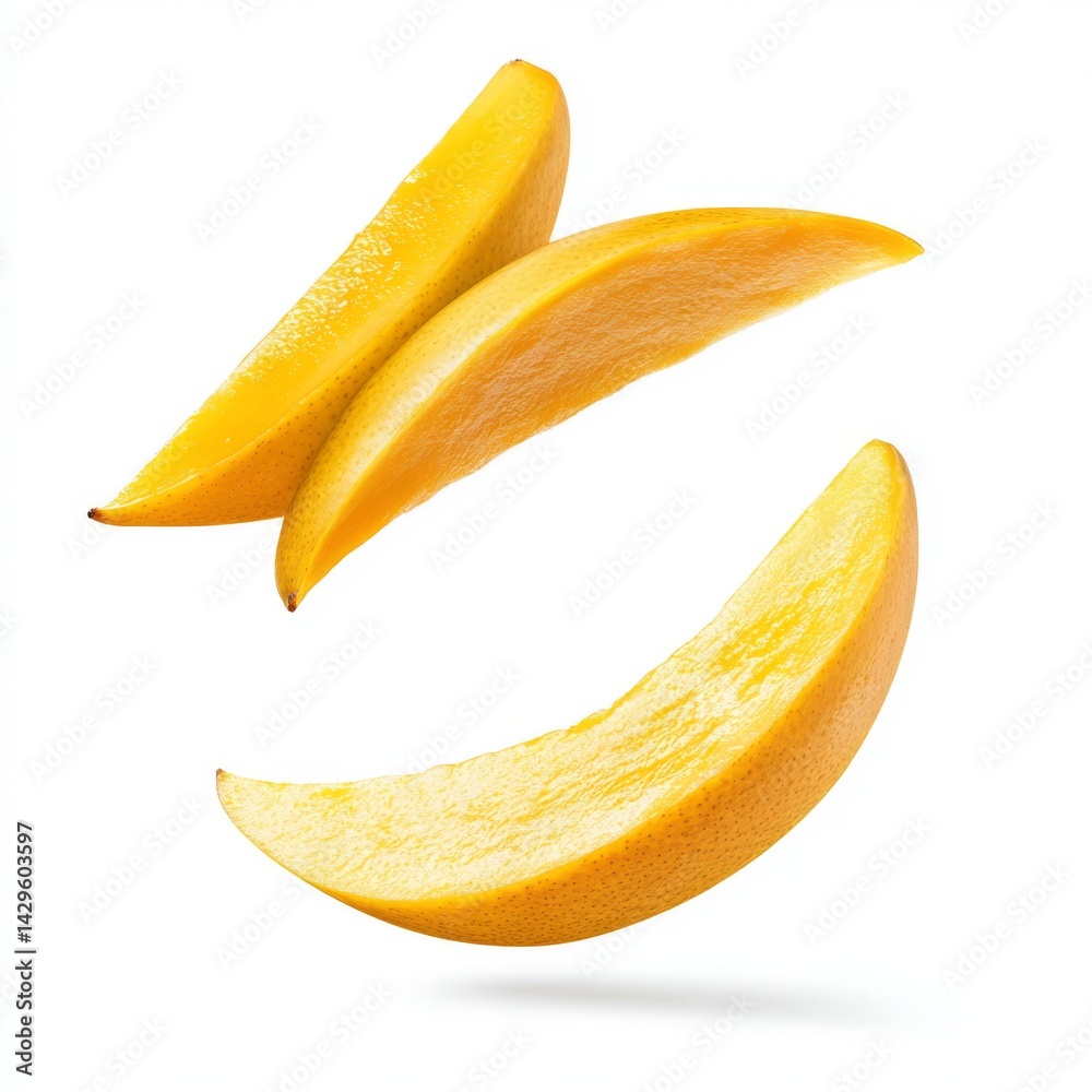 Three Slices of Ripe Mango in Mid-Air