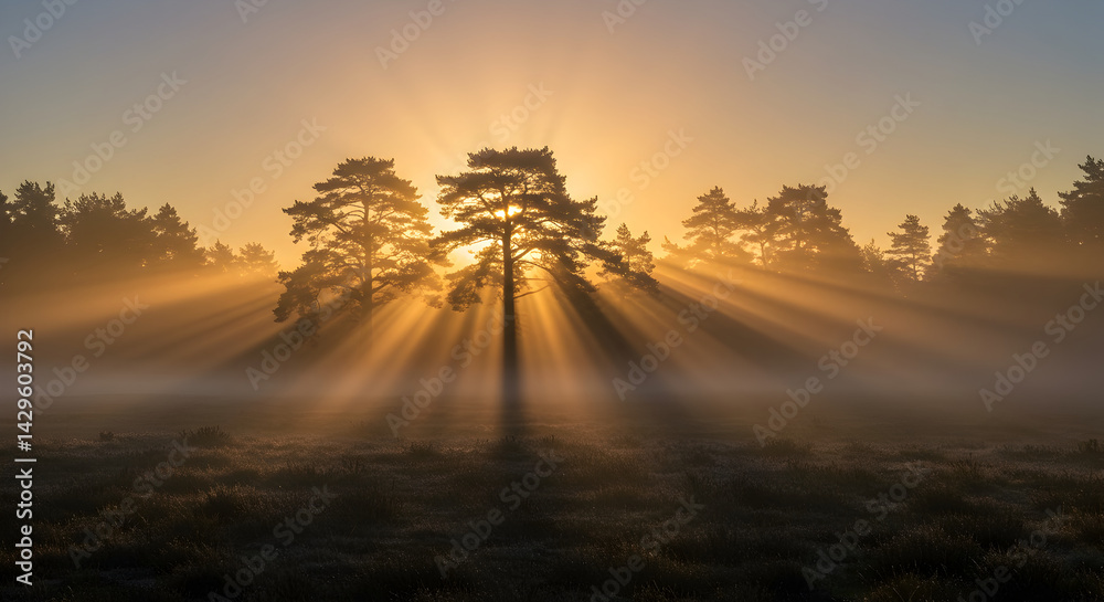 Fototapeta premium Golden Rays Through The Forest Trees At Dawn In A Dreamy Landscape