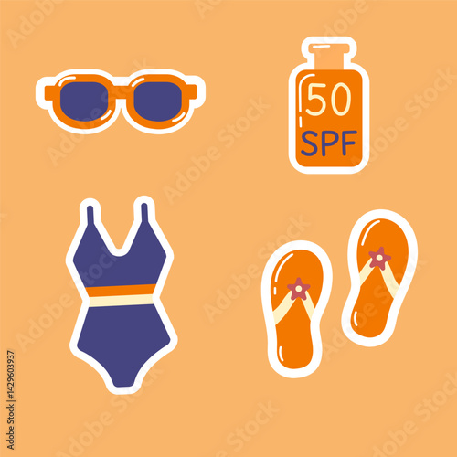 Beach set stickers. Swimsuit, sunglasses, spf and shoes