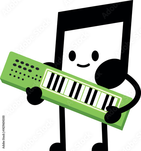 Musical note character playing green keyboard instrument vector illustration 