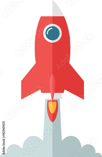 Red rocket launch with smoke and fire vector illustration in flat style 