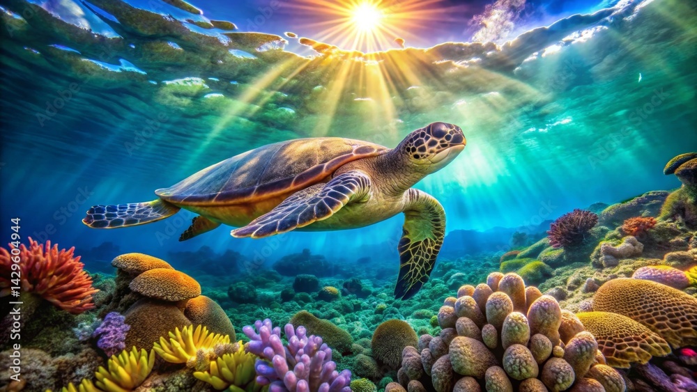 Fototapeta premium Majestic Sea Turtle Gracefully Navigating Vibrant Coral Reef Under Sunlit Ocean Surface