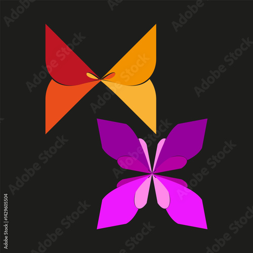 Colorful butterfly shapes. Abstract wing pattern. Vector symmetry figure. Black background contrast.