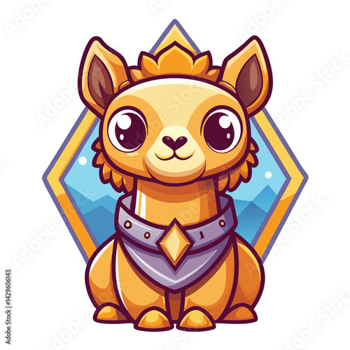 Cute, golden-furred llama with a crown and armor